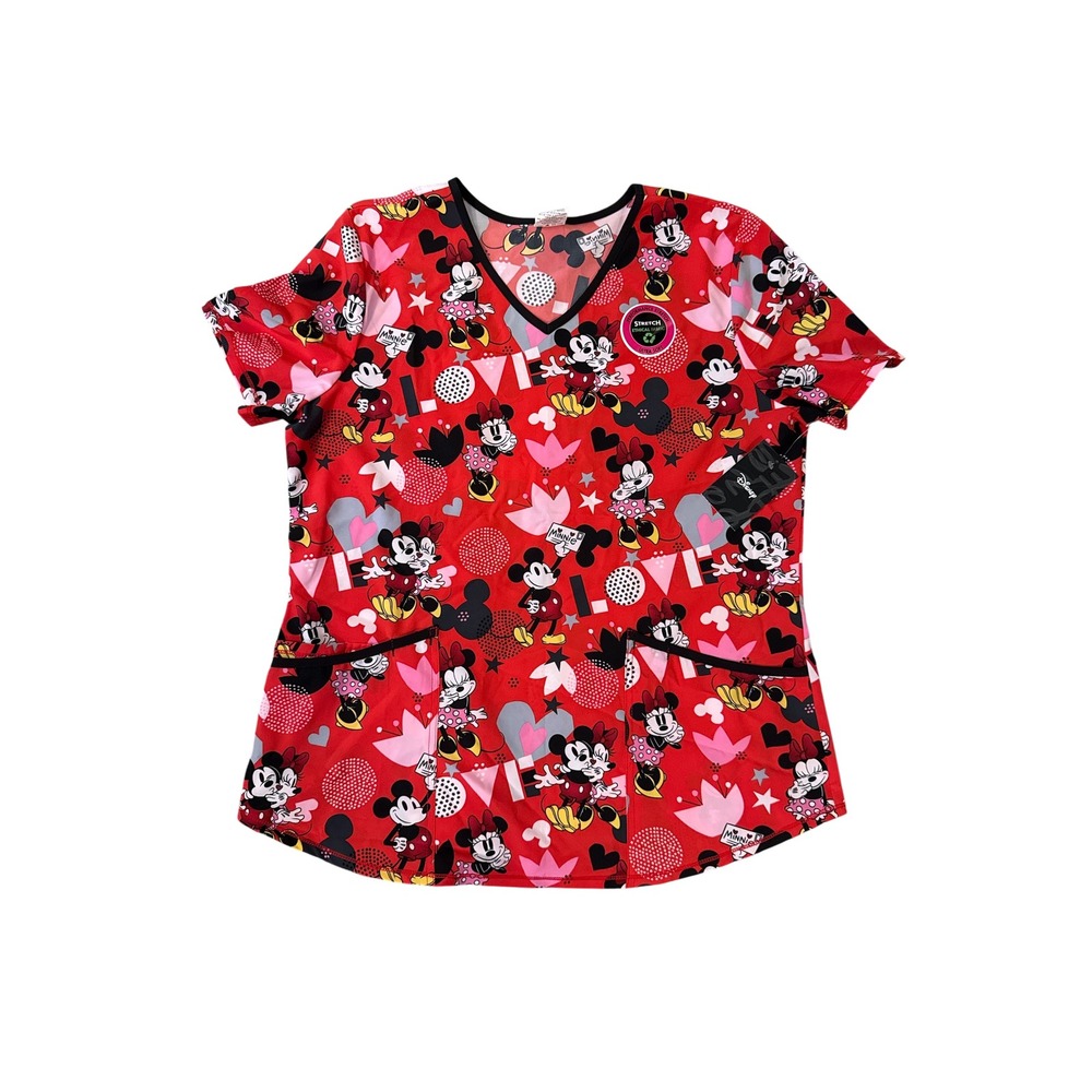 Disney Scrub Top Womens XL Red New Mickey Minnie‎ Mouse Love Stretch V-Neck